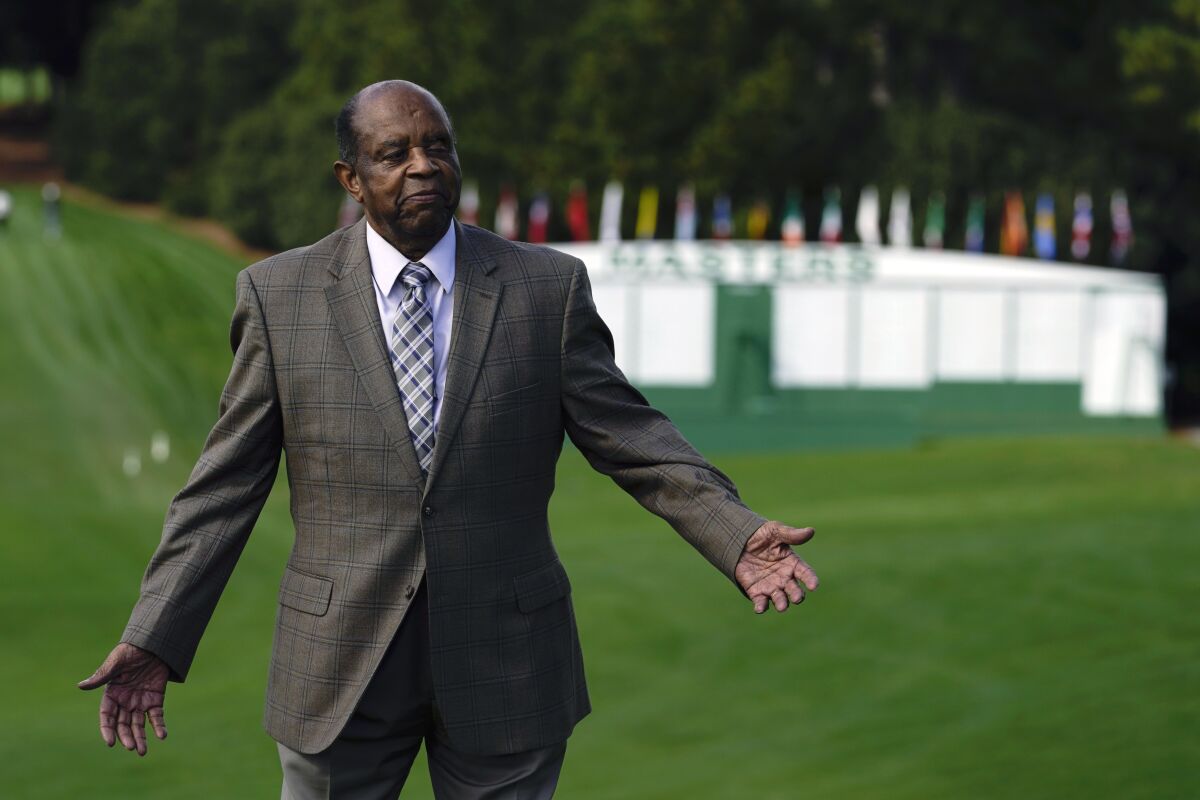 Lee Elder poses for a picture at the Masters golf tournament Monday, Nov. 9, 2020, in Augusta, Ga. 