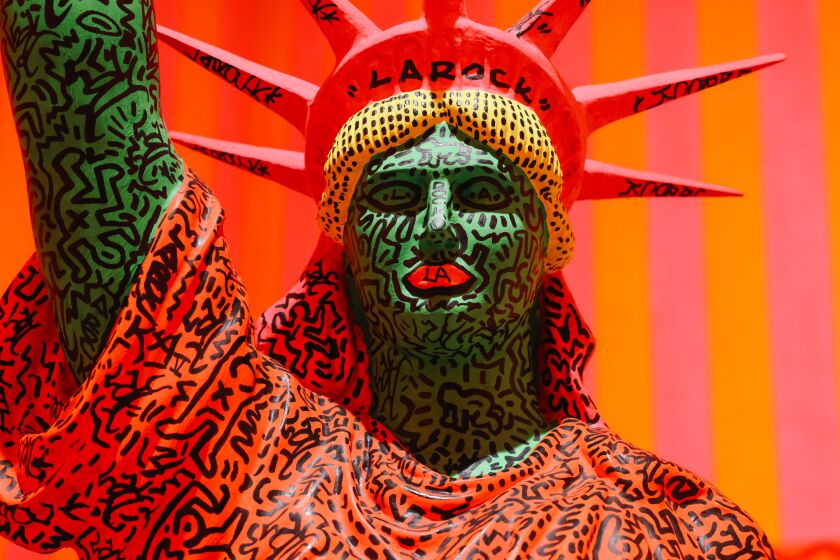 Los Angeles, CA - May 23: Statue of Liberty, 1982 on display in the Keith Haring exhibition at the Broad on Tuesday, May 23, 2023 in Los Angeles, CA. Haring's work pushed boundaries and created work outside traditional art spaces. (Dania Maxwell / Los Angeles Times).