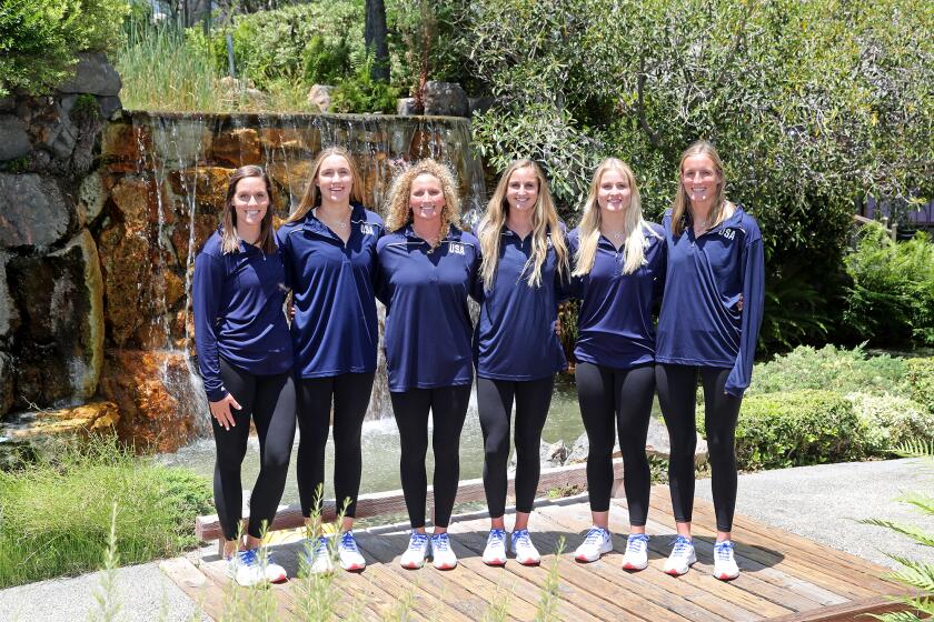 Local athletes, from left, Alys Williams, Aria Fischer, Kaleigh Gilchrist, Maddie Musselman, Stephania Haralabidis and Makenzie Fischer have been selected as six of the thirteen members for the U.S. women's water polo team during a press conference on Wednesday at Doubletree by Hilton in Los Angeles. They will be competing for a third straight gold medal at the Olympic Games in Tokyo, Japan.