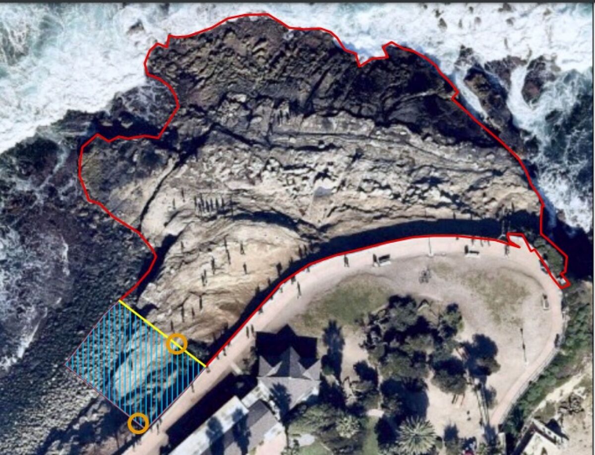 The proposed Point La Jolla closure area is outlined in red. The blue area is for "ocean access for recreation activities."