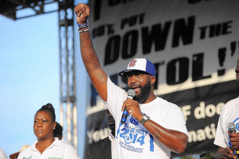 Trayvon Martin's parents, Sybrina Fulton and Tracy Martin, visit a peace festival in St. Louis to show support for the family of Michael Brown, who was fatally shot by police.