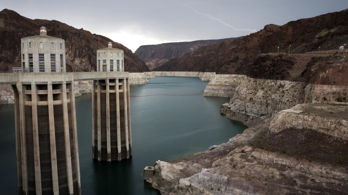 Hoover Dam, shown in 2014, impounds Colorado River water at the Lake Mead National Recreation Area in Arizona.