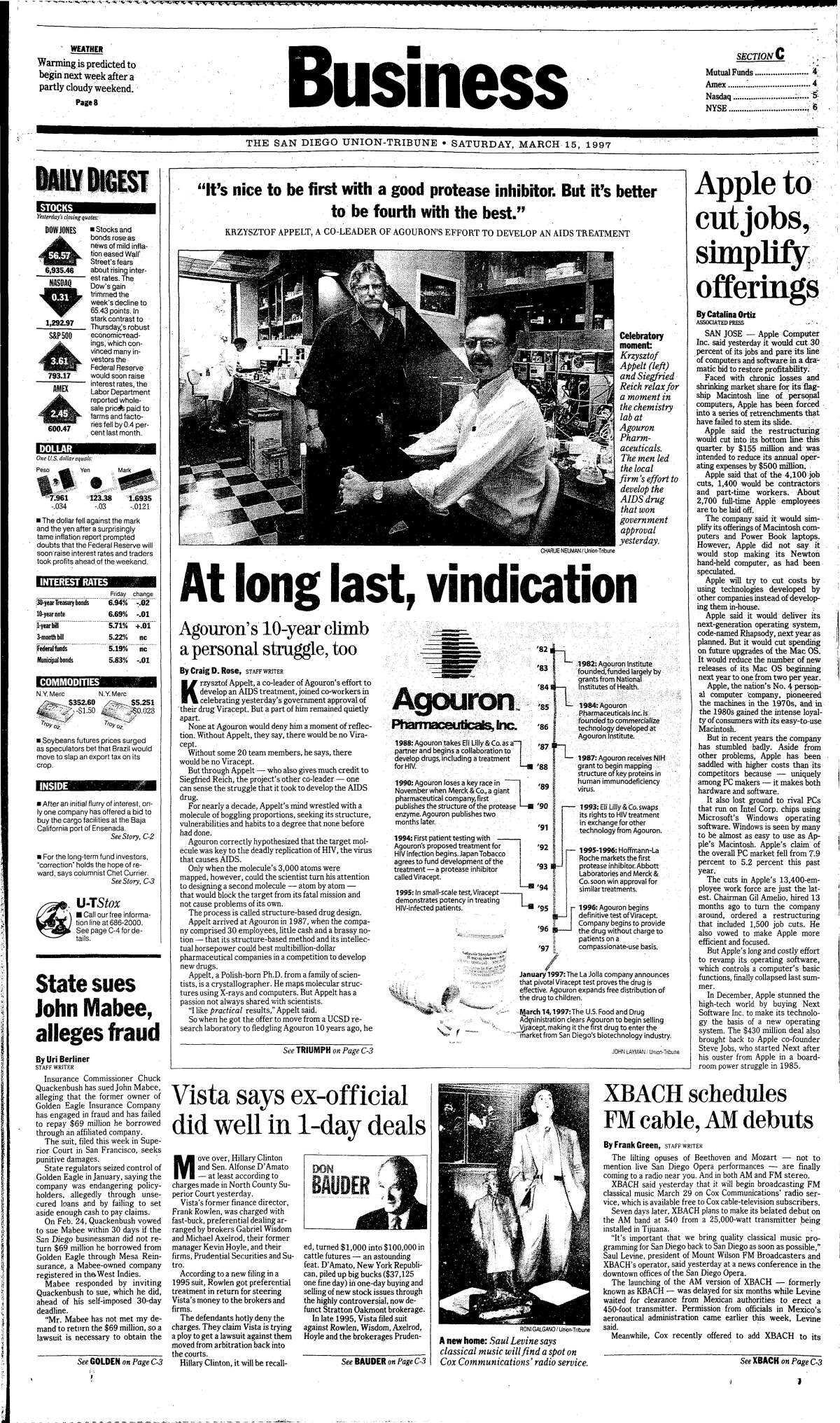 Agouron's Viracept on the front page of the business section of The San Diego Union-Tribune, March 15, 1997.