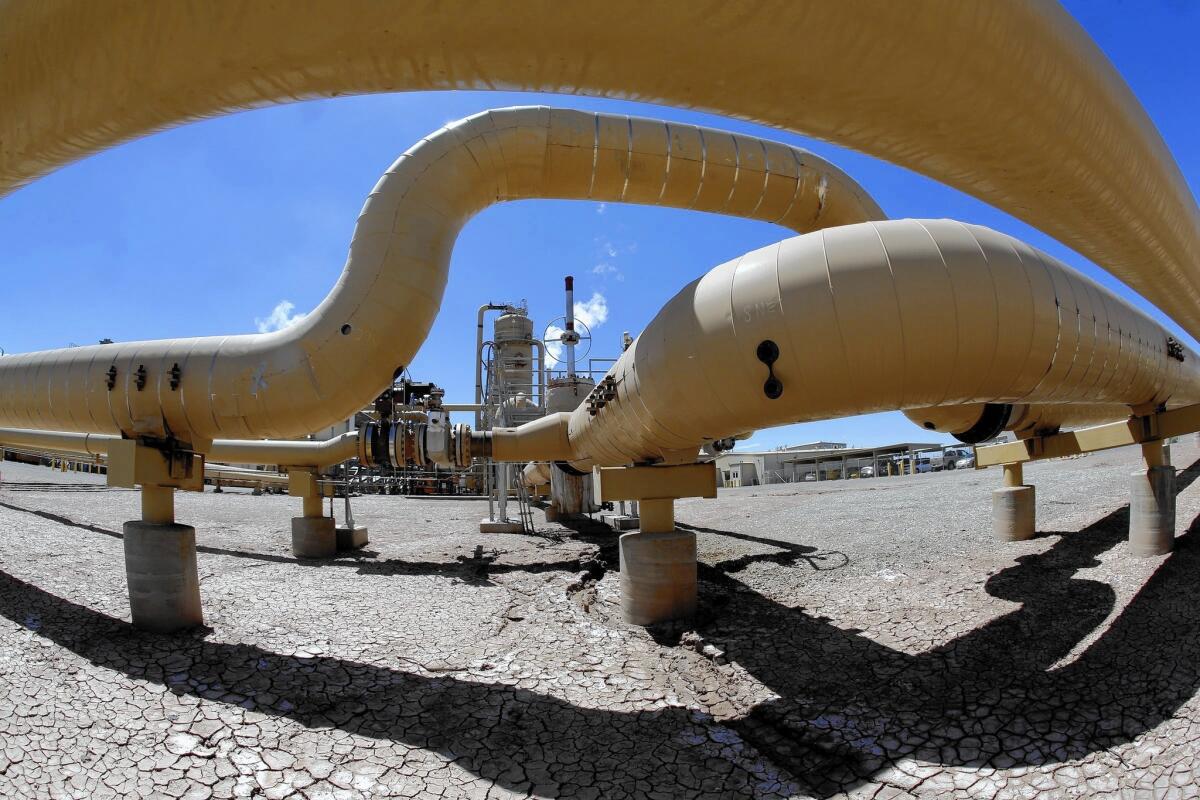 Insulated pipes carry superheated water to the EnergySource geothermal energy plant on the Salton Sea.