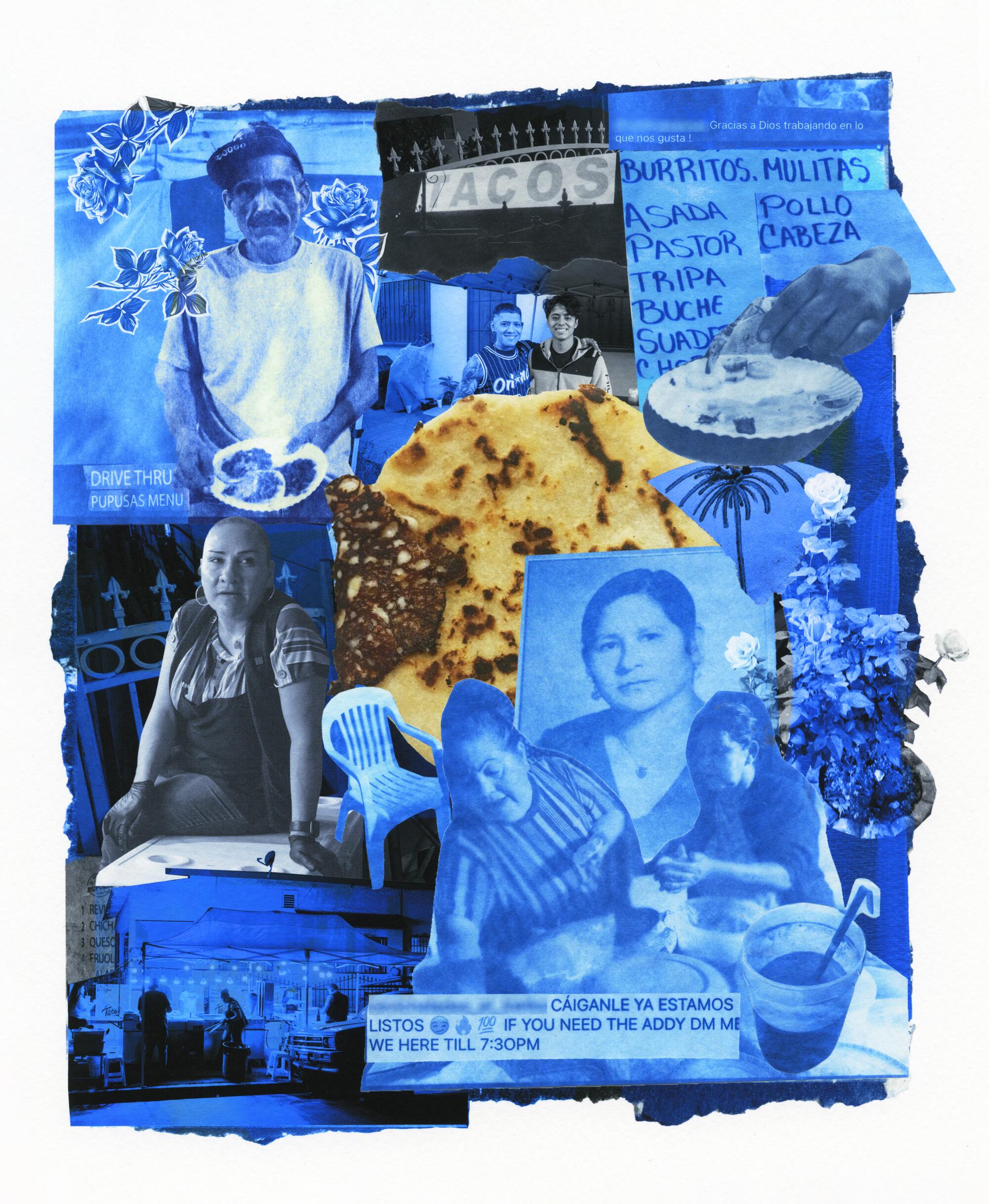 cyanotype prints and digital photography collage depicting food being sold from people’s homes