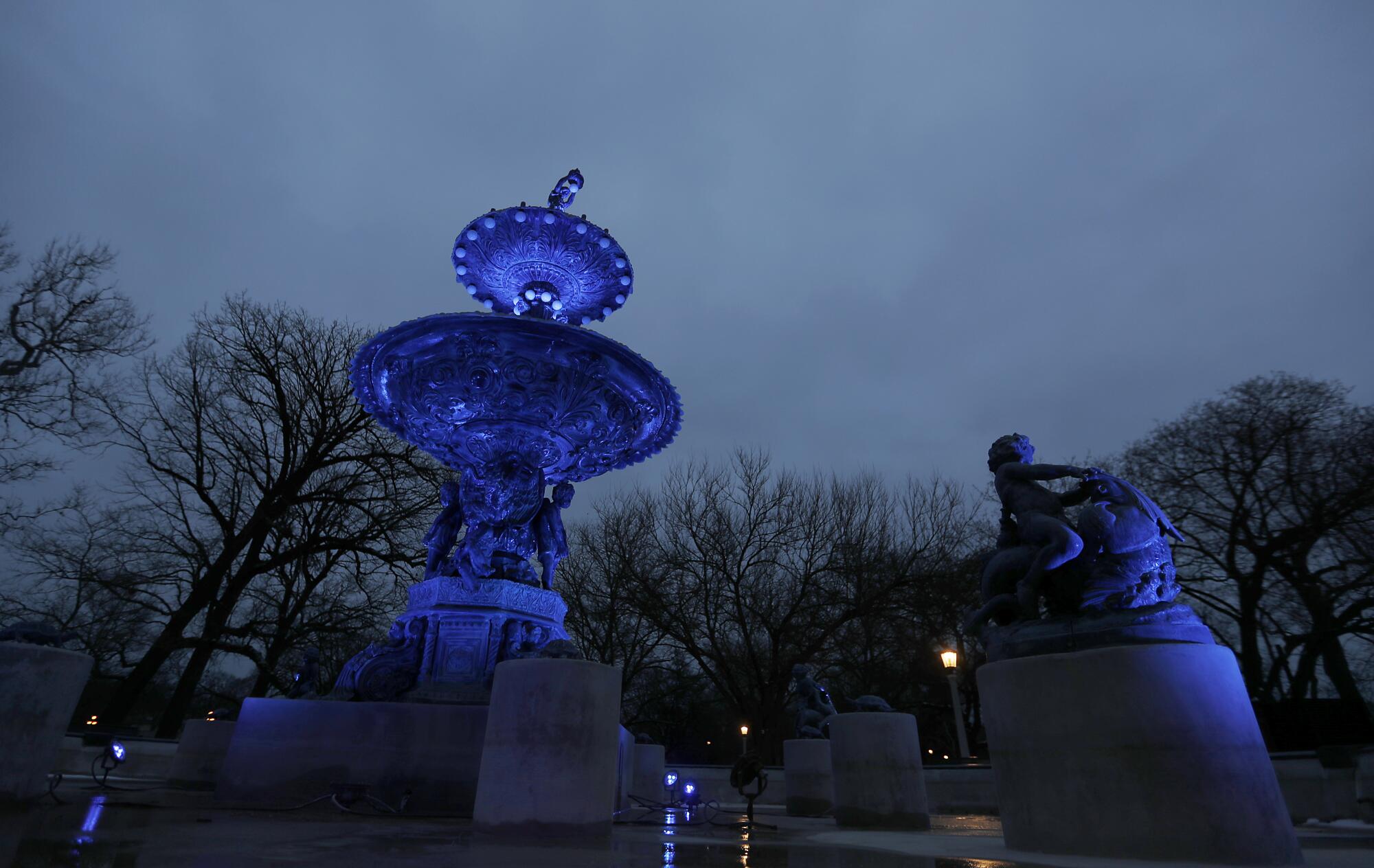 The Studebaker electric fountain stands in the middle of Leeper Park in South Bend, Ind.