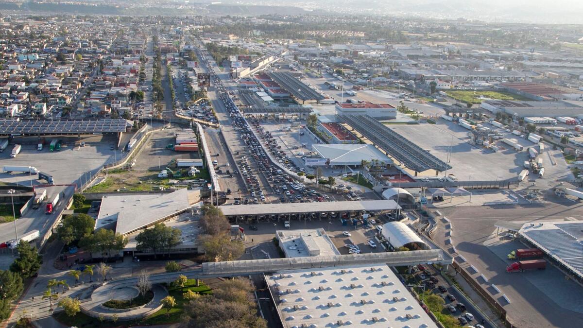 An aerial photo flight of the Otay Mesa Port of Entry for passenger vehicles and pedestrians.