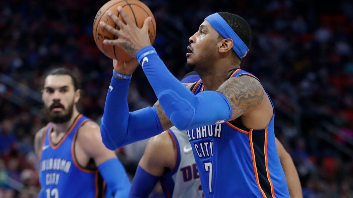 Oklahoma City Thunder forward Carmelo Anthony shoots during the second half against the Detroit Pistons.