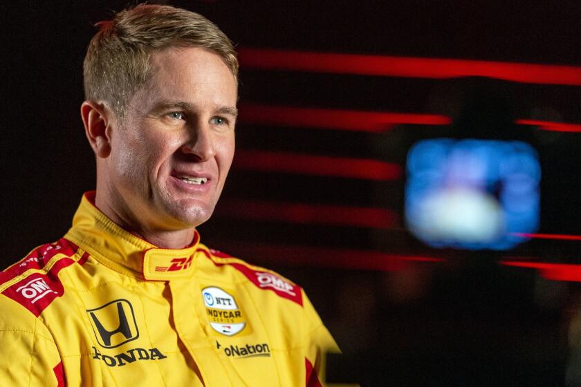 IndyCar driver Ryan Hunter-Reay is interviewed during IndyCar auto racing media day, Monday, Feb. 11, 2019, in Austin, Texas. (AP Photo/Stephen Spillman)