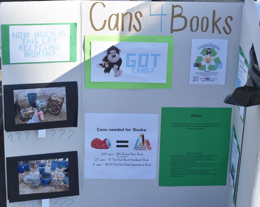 An informative display on how recycling cans and plastic bottles can result in free books for children.