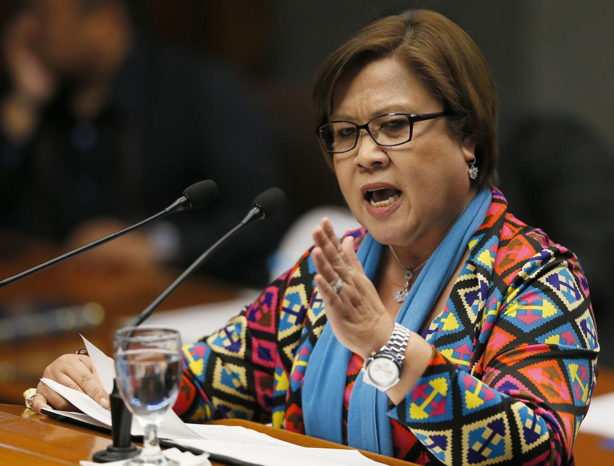 Sen. Leila de Lima delivers a speech a day after being ousted from the Philippine Senate's Committee on Justice and Human Rights.