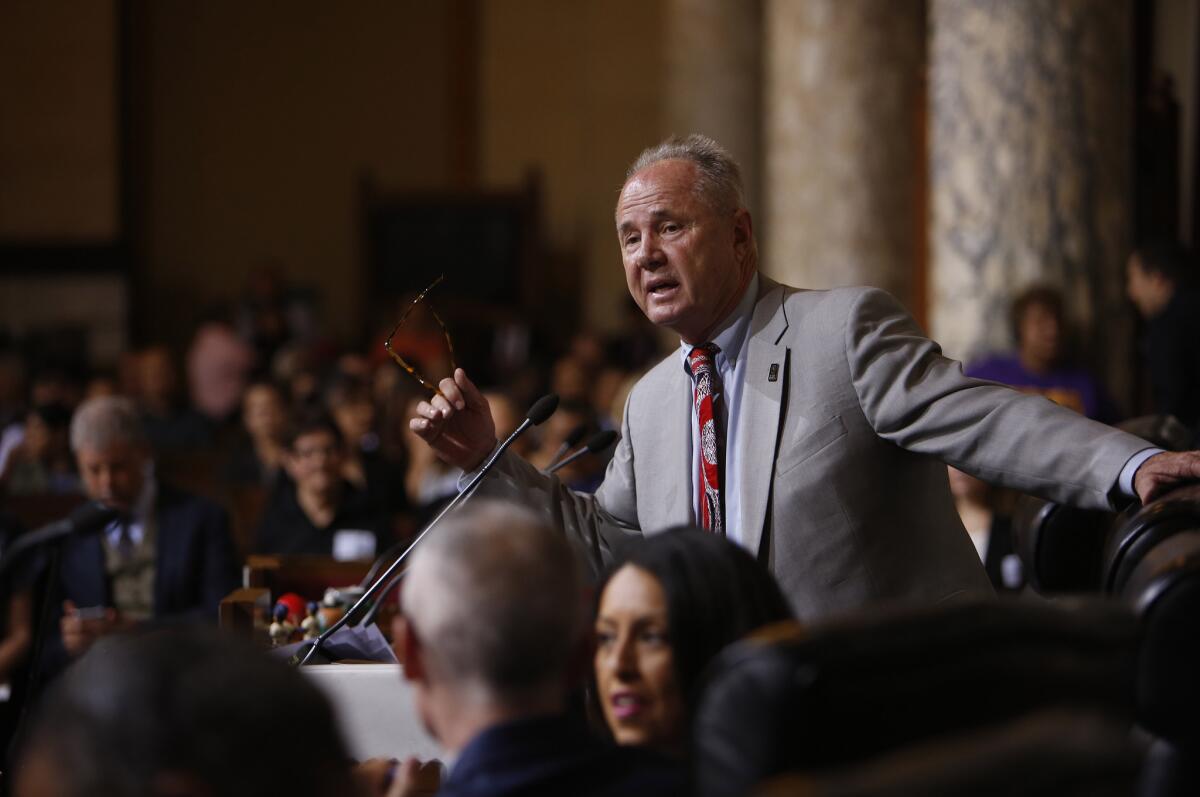 Former Los Angeles City Councilman Tom LaBonge speaks during a City Council meeting in June. The council unanimously agreed Tuesday to roll back plans made by LaBonge to spend more than $600,000 in discretionary money.