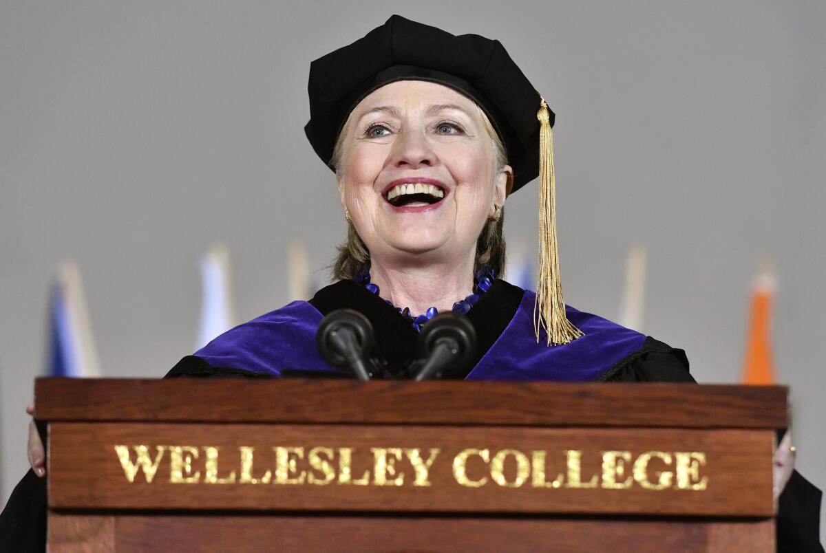 Hillary Clinton delivers the commencement address at Wellesley College in Wellesley, Mass., on Friday.