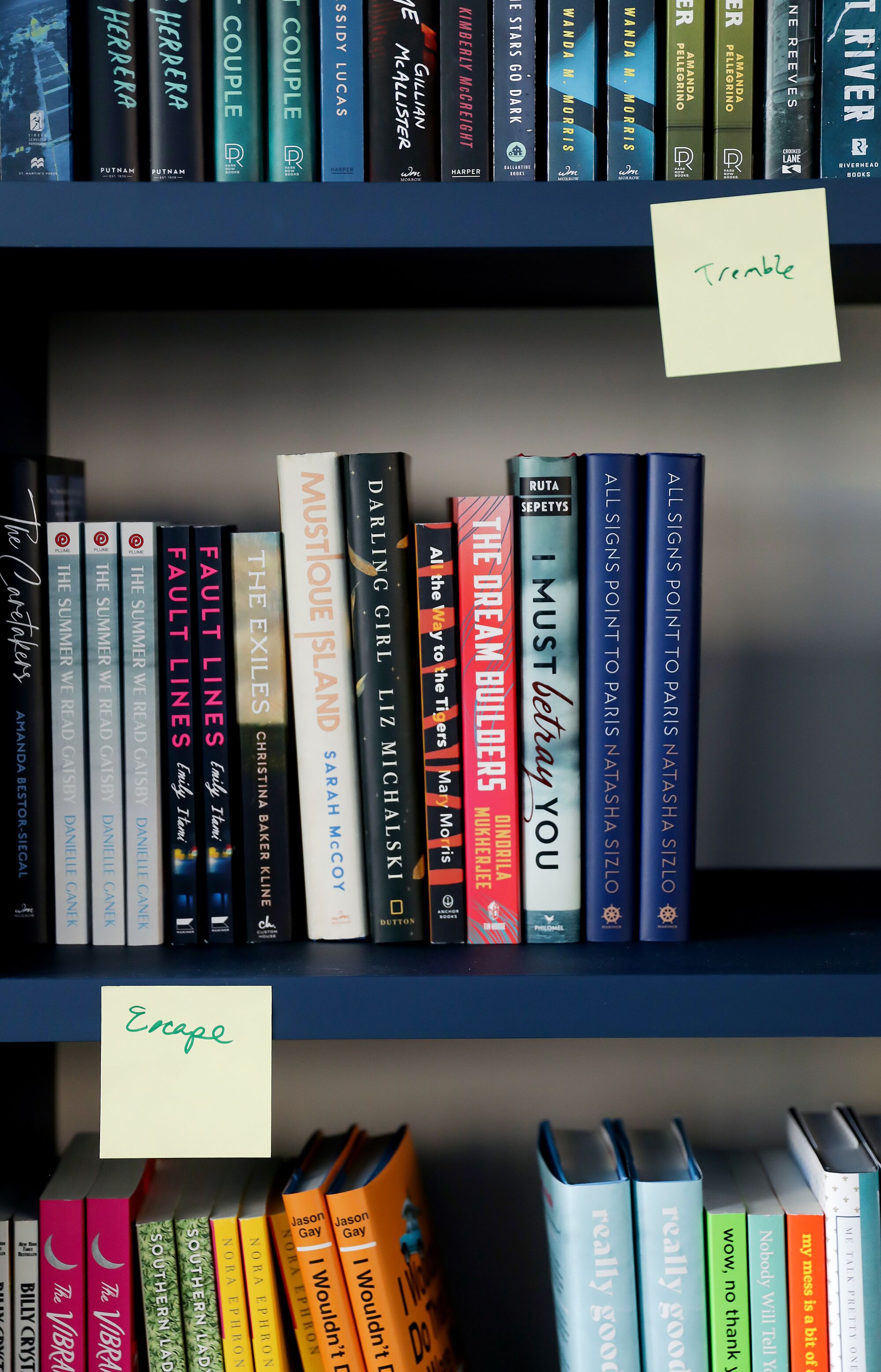 Books on a shelf with Post-Its noting the curated sections where they fit in.