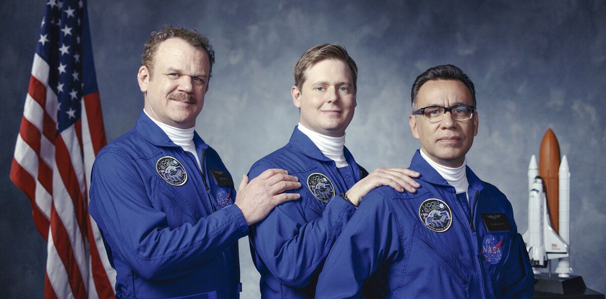 John C. Reilly, left, Tim Heidecker and Fred Armisen in "Moonbase 8."