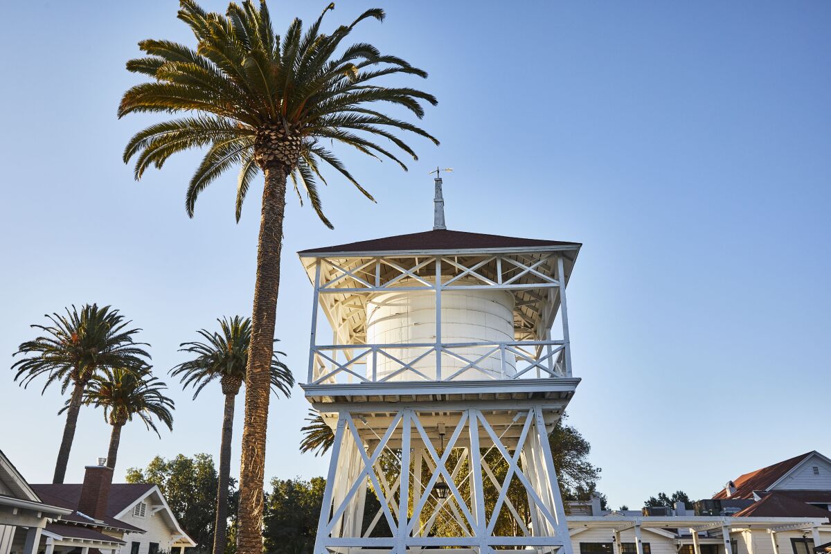 A water tower next to palm trees, against a blue sky.