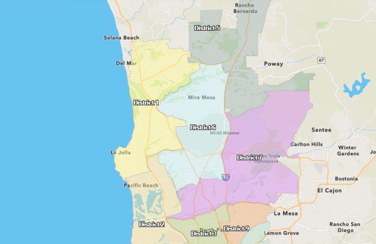 The current San Diego City Council District 1 is shown in yellow.