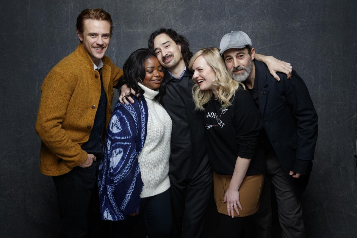 From left, Boyd Holbrook, Octavia Spencer, writer/director Jason Lew, Elisabeth Moss and Waleed Zuaiter from the film "The Free World."