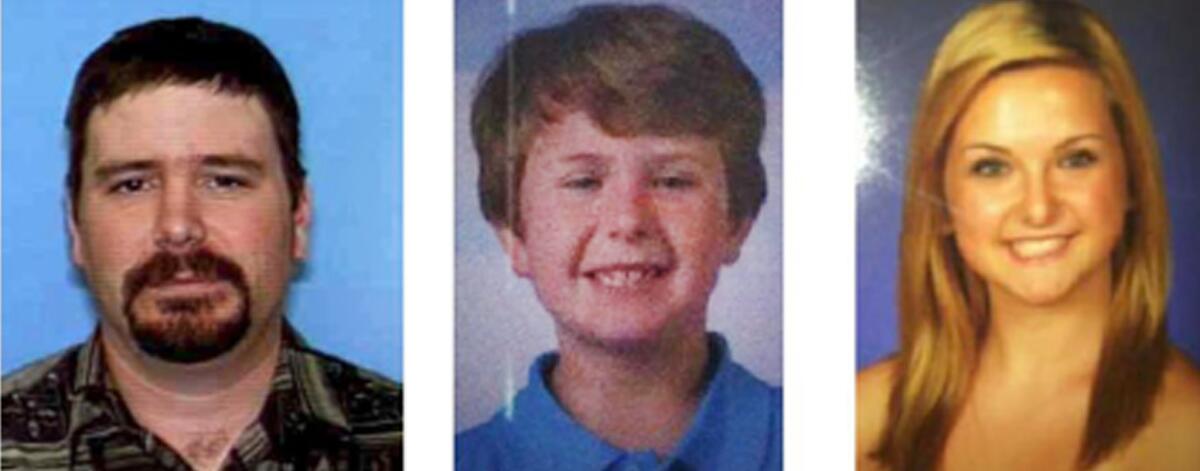 This composite photo released by the San Diego County Sheriff's Department shows James Lee Dimaggio, 40, left, Ethan Anderson, 8, and Hannah Anderson, 16, whose mother, Christina Anderson, 44, was one of two people found dead in a house fire Sunday night. An AMBER Alert was in effect early Tuesday for the two missing children of Christina Anderson, whose body was found inside a burned rural house near the U.S.-Mexico border, and authorities said Dimaggio, suspected of killing the woman, may have abducted the children.