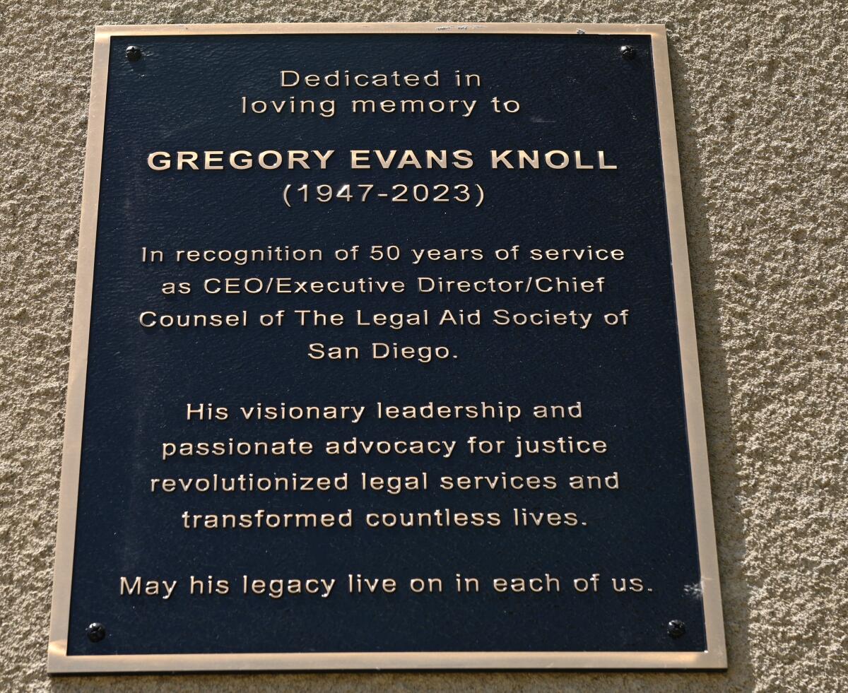 Plaque in honor of longtime CEO of the Legal Aid Society of San Diego Gregory Evans Knoll.