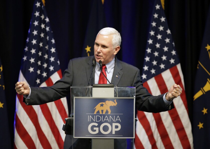 Indiana Gov. Mike Pence speaks during the Indiana Republican Party spring dinner in Indianapolis on April 21.