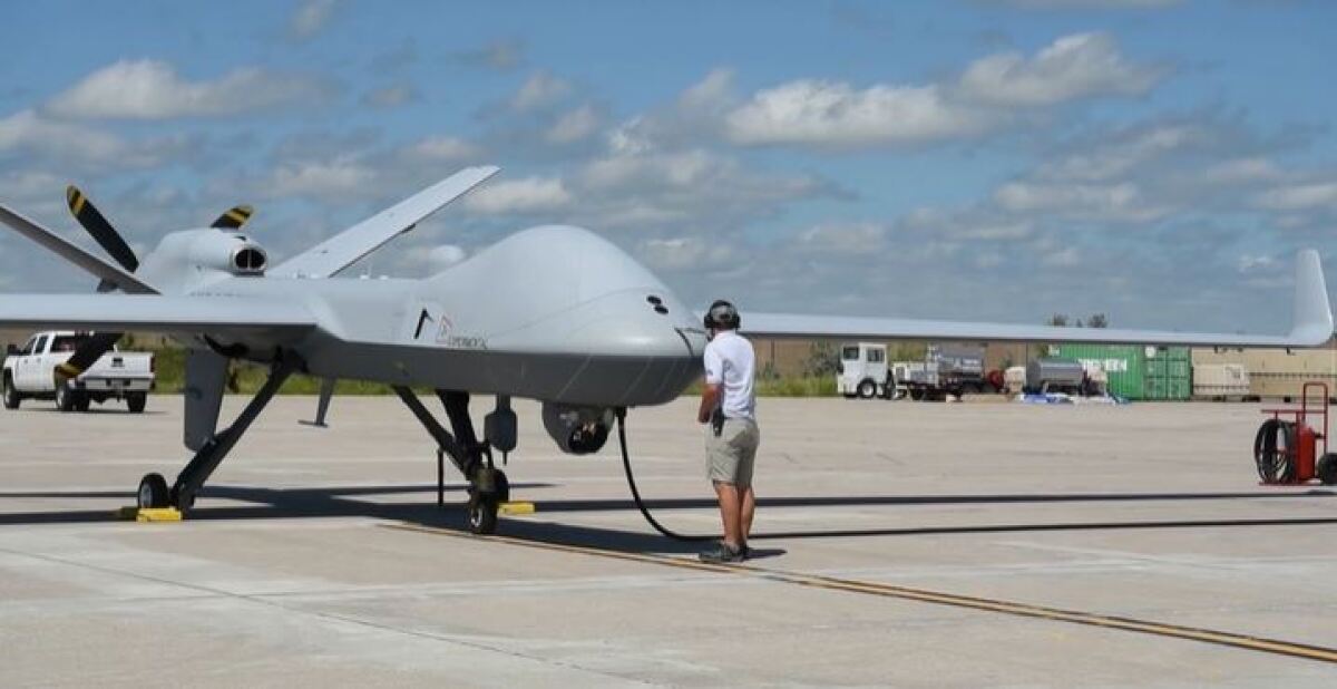 An MQ-9B SkyGuardian at Grand Forks Air Force Base, North Dakota, in 2018. The same type of unmanned aircraft will begin flying over San Diego in 2020.