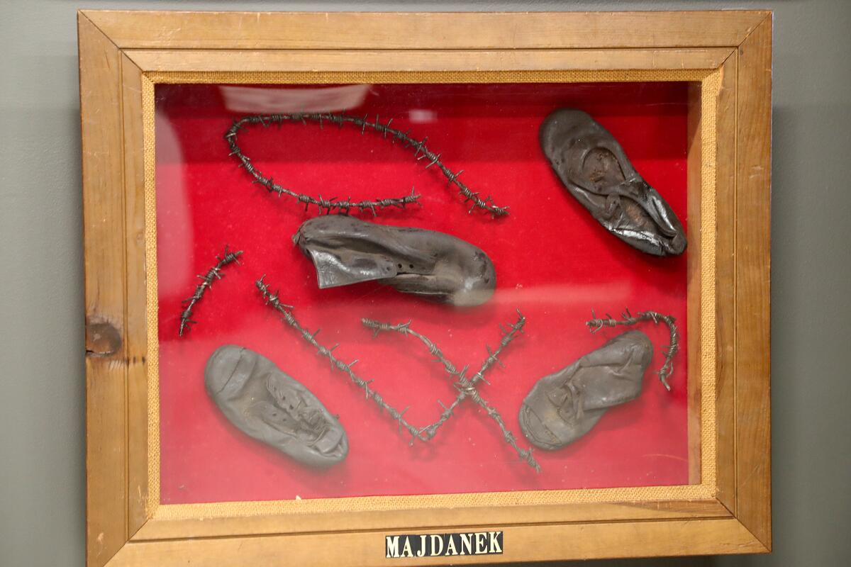 Children's shoes from the Majdanek concentration camp on display at the Chabad Center for Jewish Life in Newport Beach.