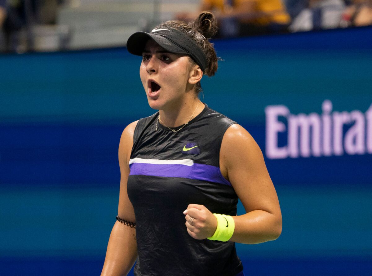 Bianca Andreescu celebrates a point against Elise Mertens during their U.S. Open quarterfinal match in New York on Wednesday.