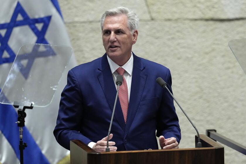 U.S. House Speaker Kevin McCarthy addresses lawmakers during a session of  Israel's parliament on May 1.