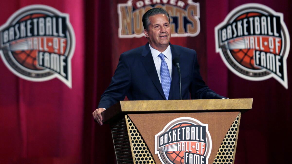 Coach John Calipari speaks during the enshrinement ceremony at the Naismith Memorial Basketball Hall of Fame on Friday night in Springfield, Mass.