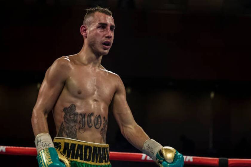 OXON HILL, MD - JULY 19: Maxim Dadashev returns to his corner after the tenth round of his junior welterweight IBF World Title Elimination fight against Subriel Matias (not pictured) at The Theater at MGM National Harbor on July 19, 2019 in Oxon Hill, Maryland. (Photo by Scott Taetsch/Getty Images)