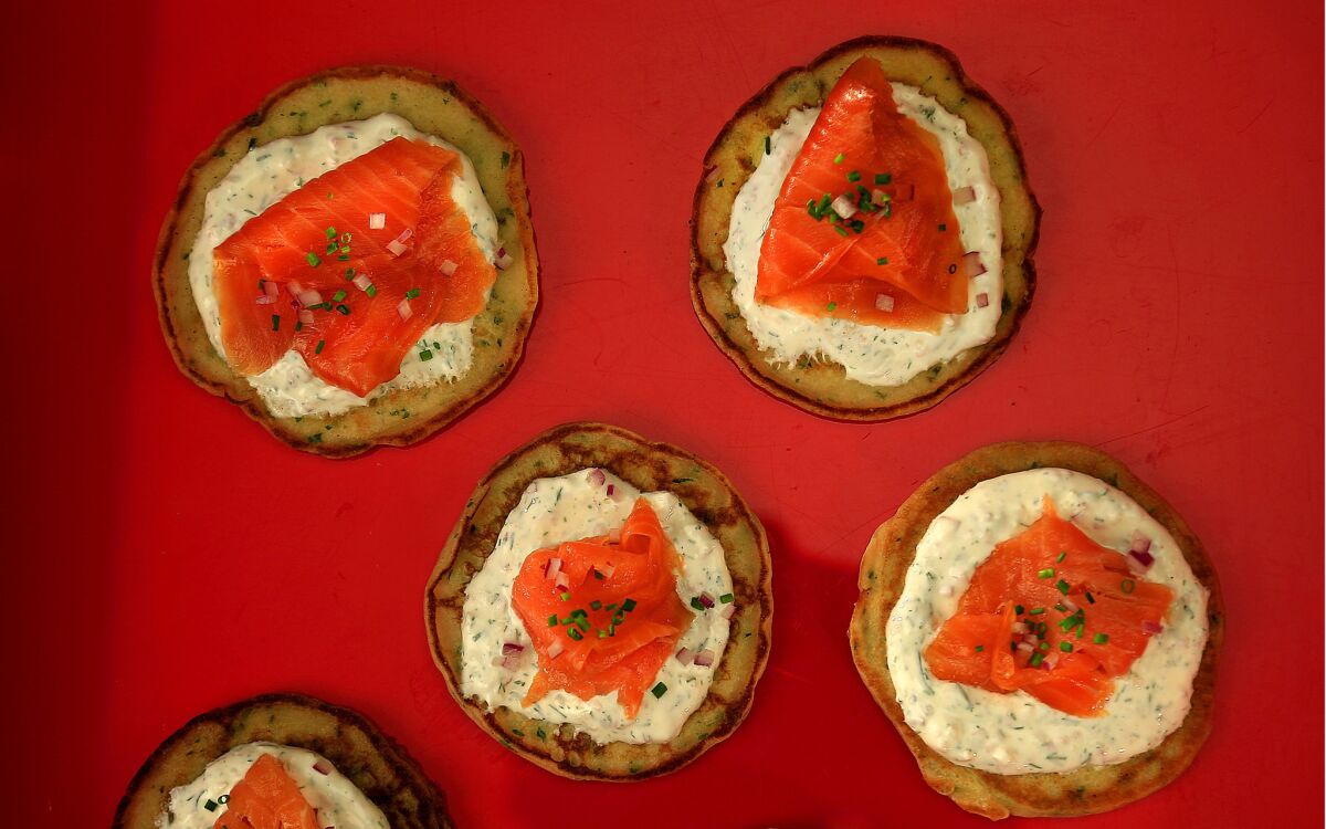 Lemon herb blini with dill cream and smoked salmon