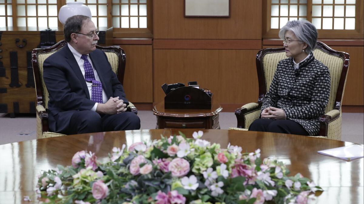 South Korean Foreign Minister Kang Kyung-wha, right, with Timothy Betts, acting deputy assistant secretary and senior advisor for security negotiations and agreements at the State Department, during their meeting Feb. 10 in Seoul.