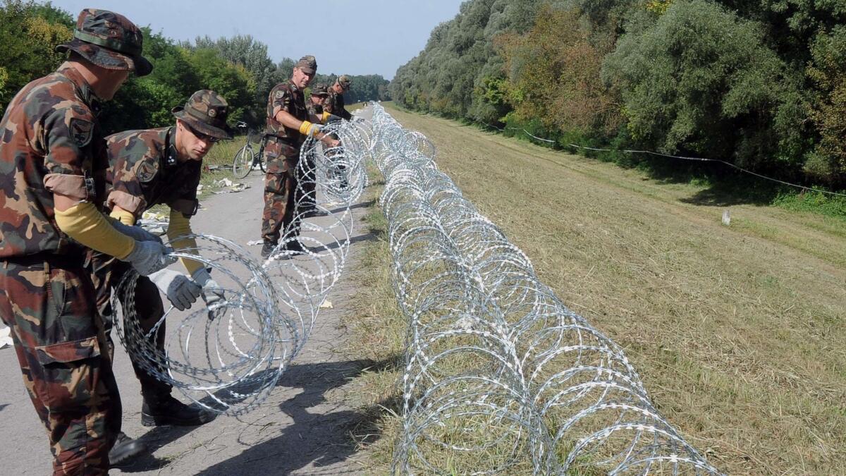 Hungarian soldiers build a fence at the border with Croatia near Kulked village in September 2015.