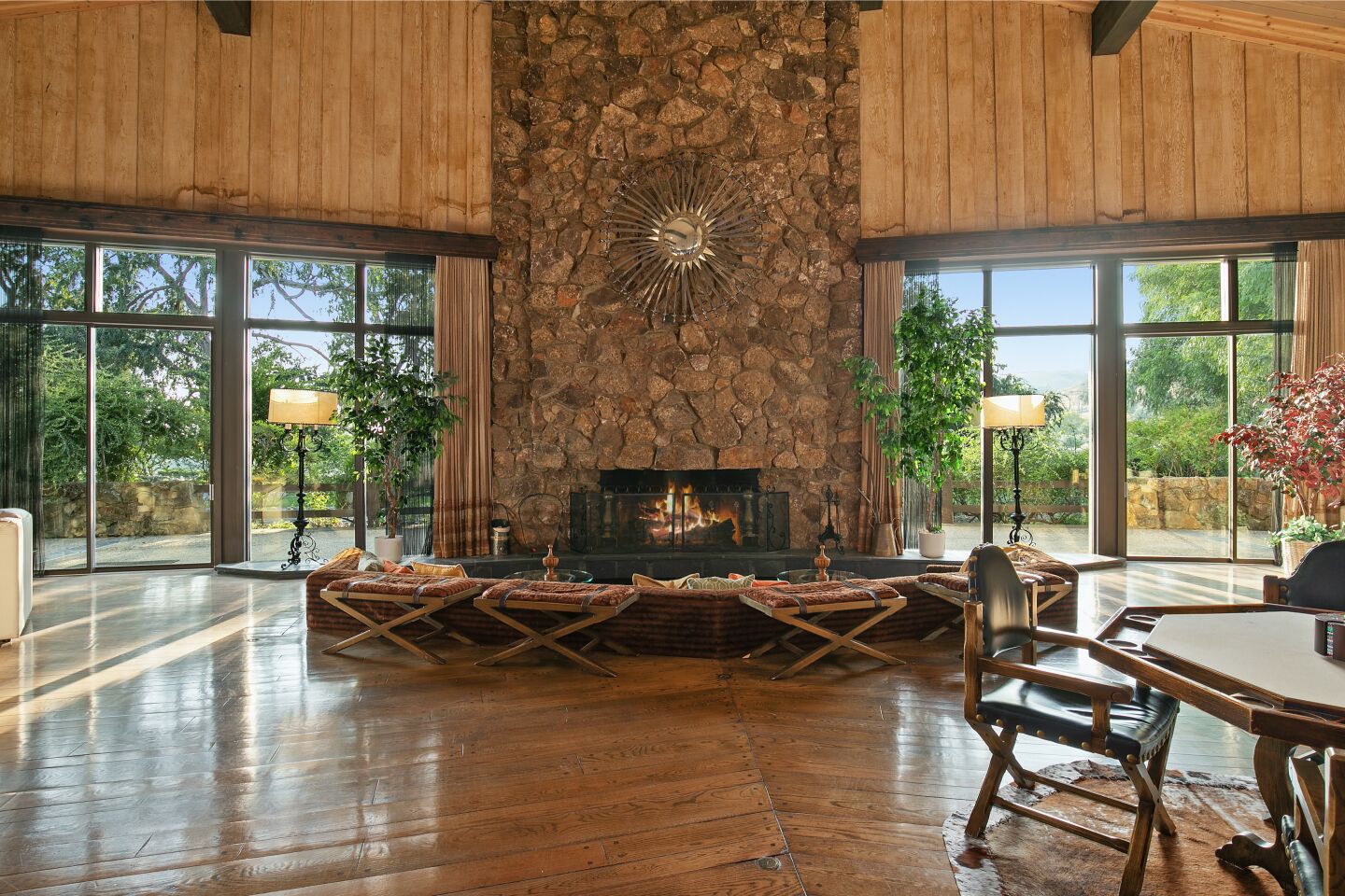 The stone fireplace.