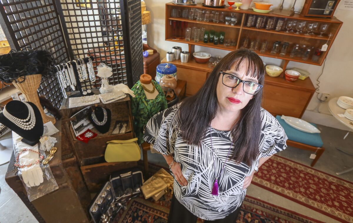 Tanya McAnear, the owner of a South Park vintage boutique called Bad Madge & Co., poses in her shop.