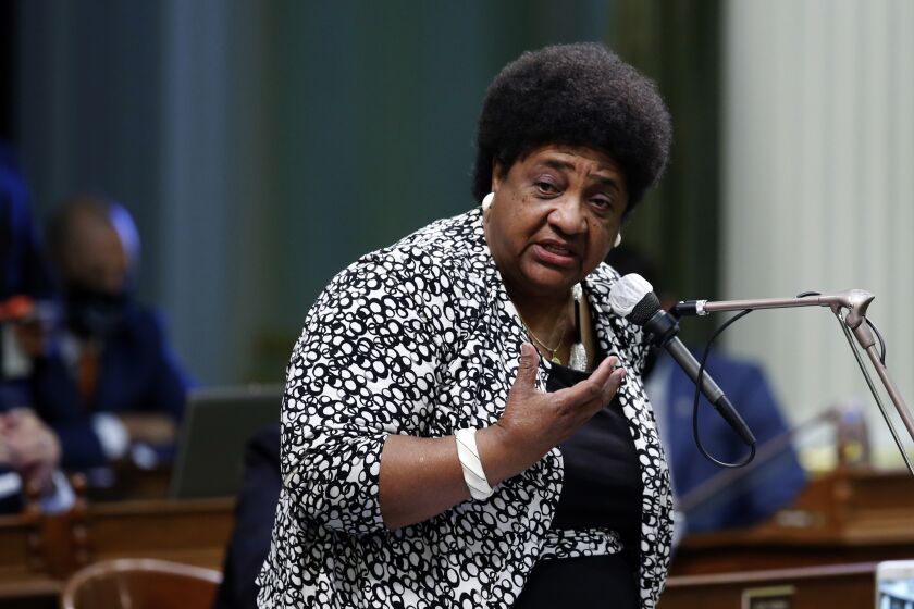 Assemblywoman Shirley Weber, D-San Diego, calls on members of the Assembly to approve her measure to place a constitutional amendment on the ballot to let voters decide if the state should overturn its ban on affirmative action programs, at the Capitol in Sacramento, Calif., Wednesday, June 10, 2020. The measure, ACA5, was approved and now goes to the Senate for a vote. (AP Photo/Rich Pedroncelli)