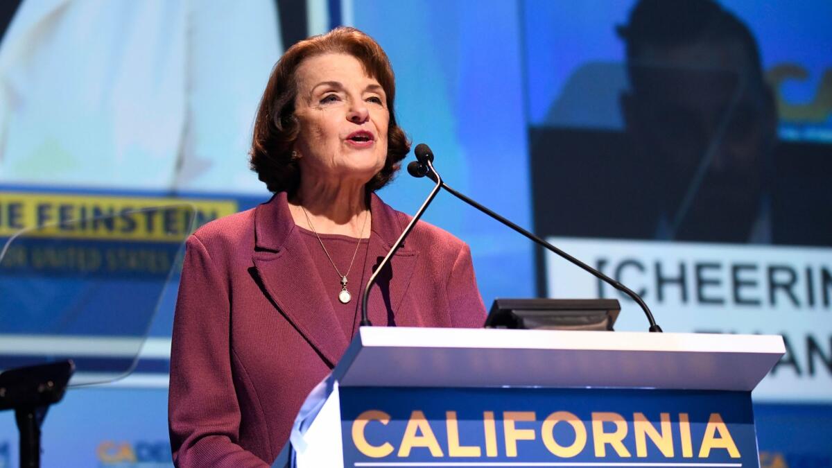 Sen. Dianne Feinstein (D-Calif.) speaks at the 2018 California Democratic State Convention on Saturday, Feb. 24, 2018, in San Diego.