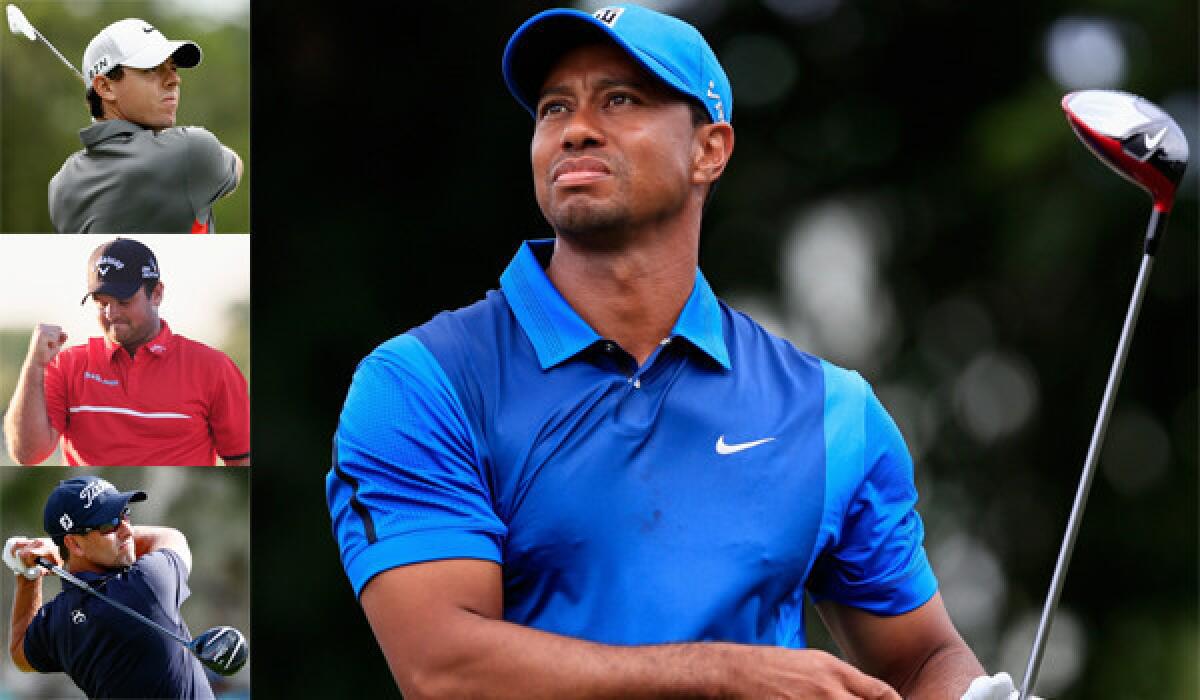 With Tiger Woods, right, out of the Masters for the first time since 1994, golfers like Rory McIlroy, top, Patrick Reed and Adam Scott are looking to fill the void.