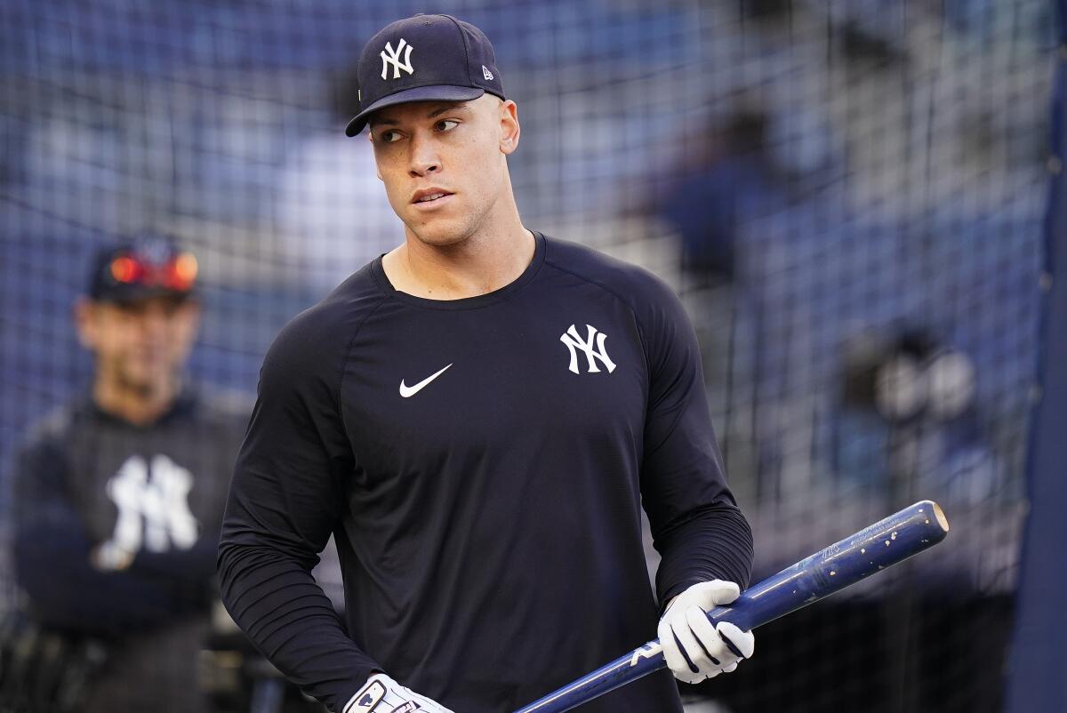 New York Yankees' Aaron Judge prepares to take batting practice before Game 1 of an American League Division series baseball game against the Cleveland Guardians, Tuesday, Oct. 11, 2022, in New York. (AP Photo/Frank Franklin II)
