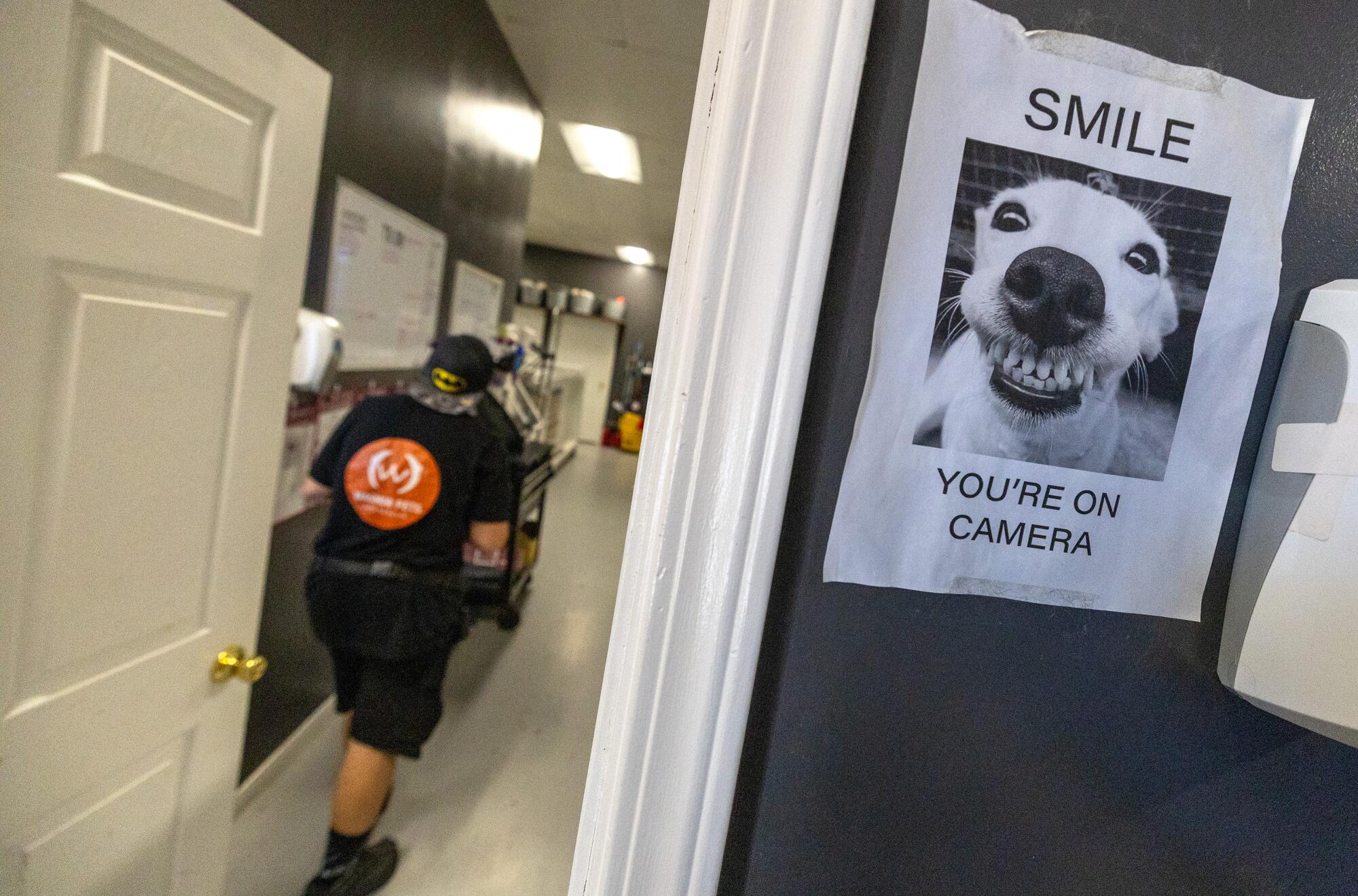 A poster on a door shows a dog and says, "Smile. You're on Camera"