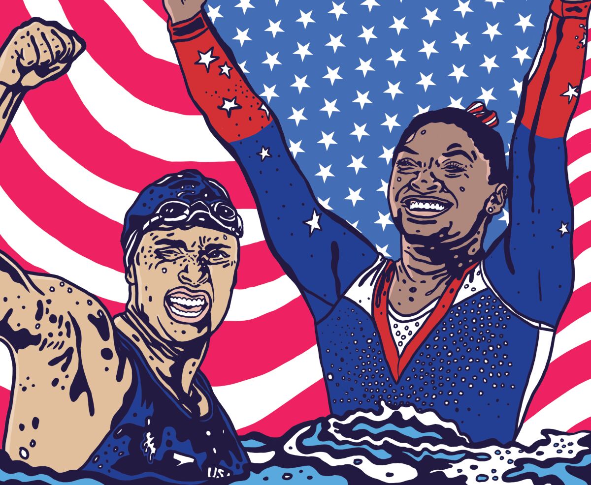 Illustration for the Tokyo Olympics section cover of Simone Biles and Katie Ledecky.