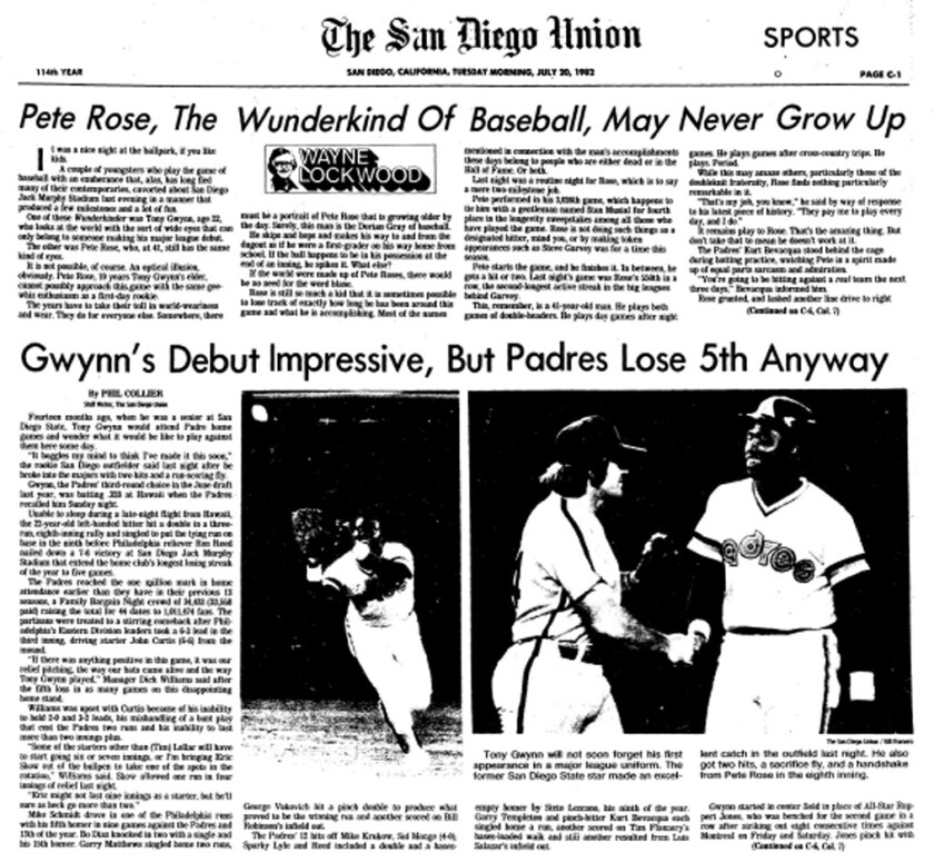 Tony Gwynn receives a handshake from Phillies first baseman Pete Rose after Gwynn's first-major league hit.
