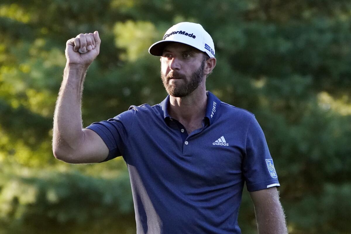 Dustin Johnson reacts to his birdie on No. 17 during the third round of the Northern Trust on Aug. 22, 2020.