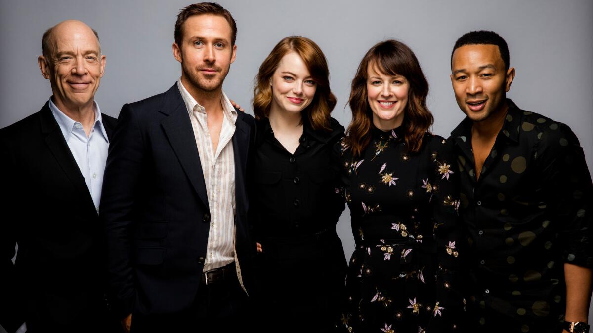 From left, J.K. Simmons, Ryan Gosling, Emma Stone, Rosemarie DeWitt and John Legend, from the film "La La Land," photographed in the L.A. Times photo studio at the Toronto International Film Festival.