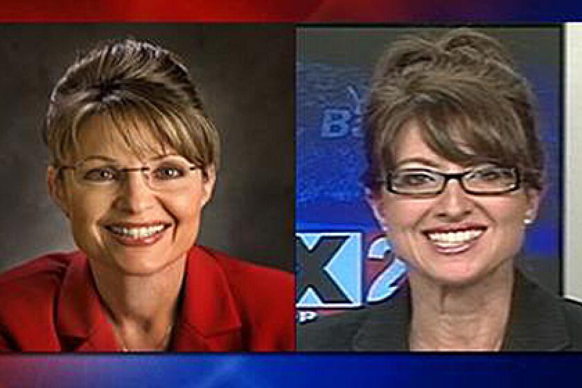 Cindy Michaels, a WVII ABC-7 and WFVX Fox 22 television anchor in Bangor, Maine, right, is seen in a TV frame grab released by WVII TV, alongside a photo of Republican vice presidential candidate Sarah Palin. Michaels says she has been wearing glasses and her hair up for years, long before the look became popularized by the Alaska governor.