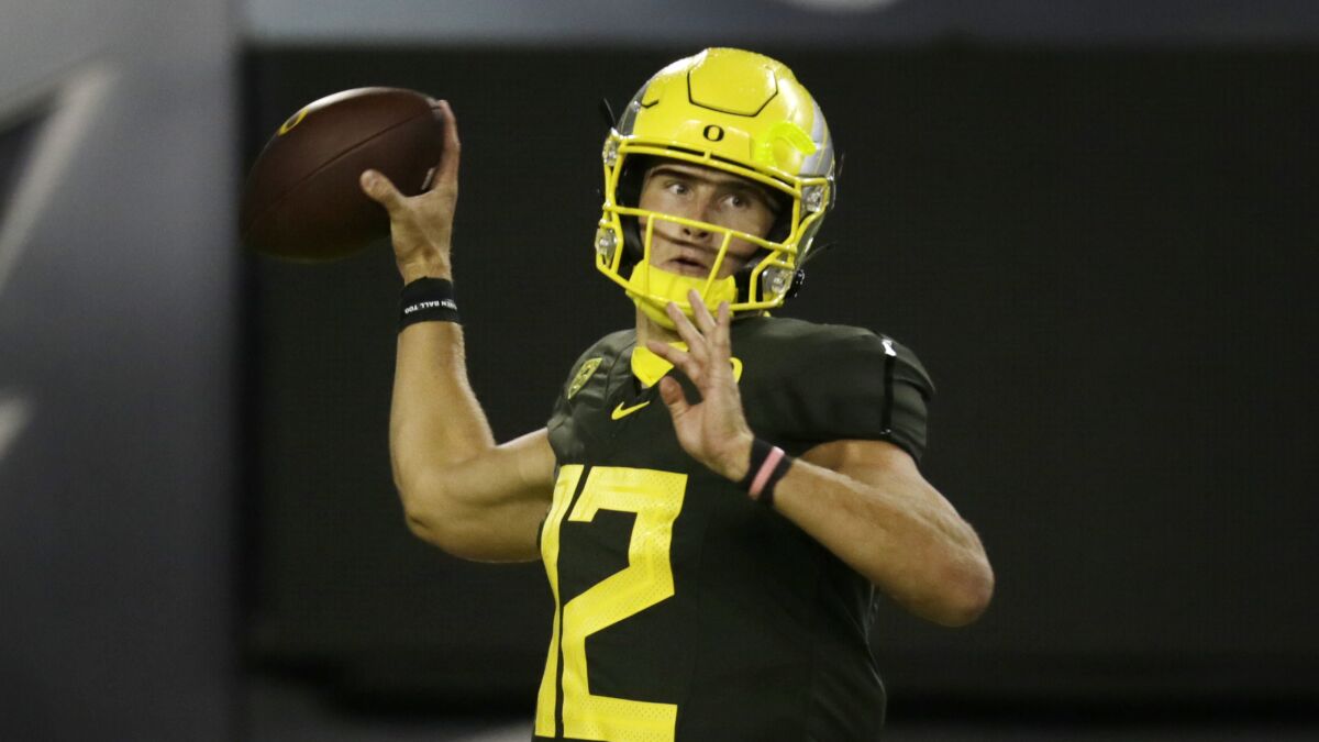 Oregon's Tyler Shough passes during a game Nov. 7, 2020, in Eugene, Ore.