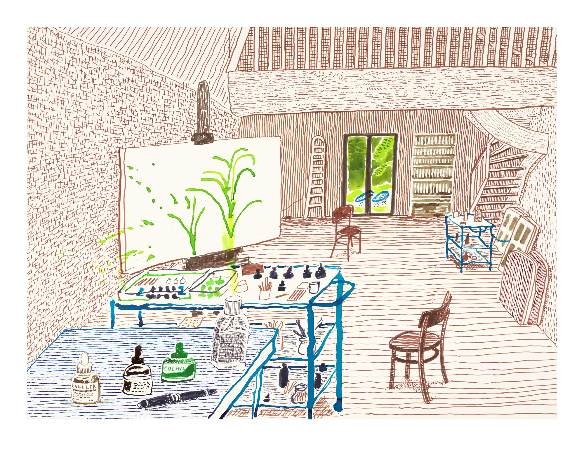 A Hockney work shows an art studio with chairs, supplies on a cart and table, and glass doors to the outside.