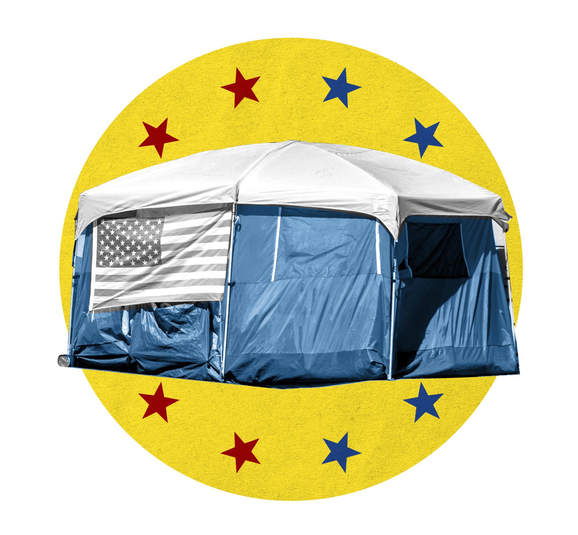 photo of tent with US flag in yellow circle with stars