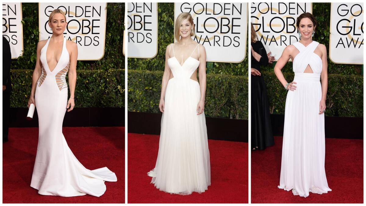 Kate Hudson, Rosamund Pike and Emily Blunt wear white to the 2015 Golden Globes. From left, John Shearer / Invision/ AP; Jay L. Clendenin / Los Angeles Times, Jason Merritt / Getty Images.